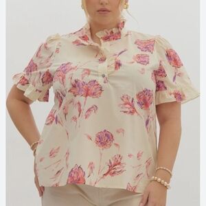 Entro Women’s Ivory W/Pink & Purple Florals Blouse; Size 2X